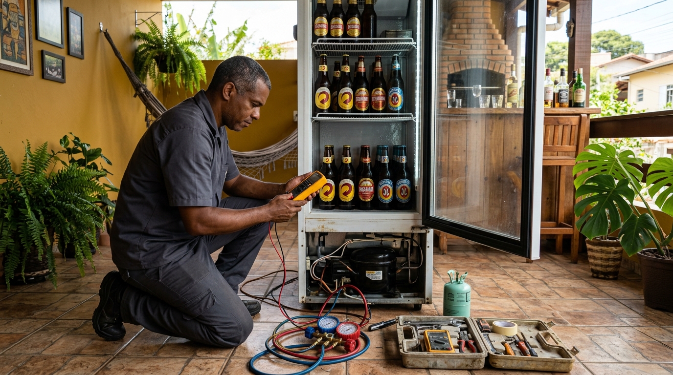 Placa eletrônica de cervejeira em reparo na bancada em Guarapari‑ES