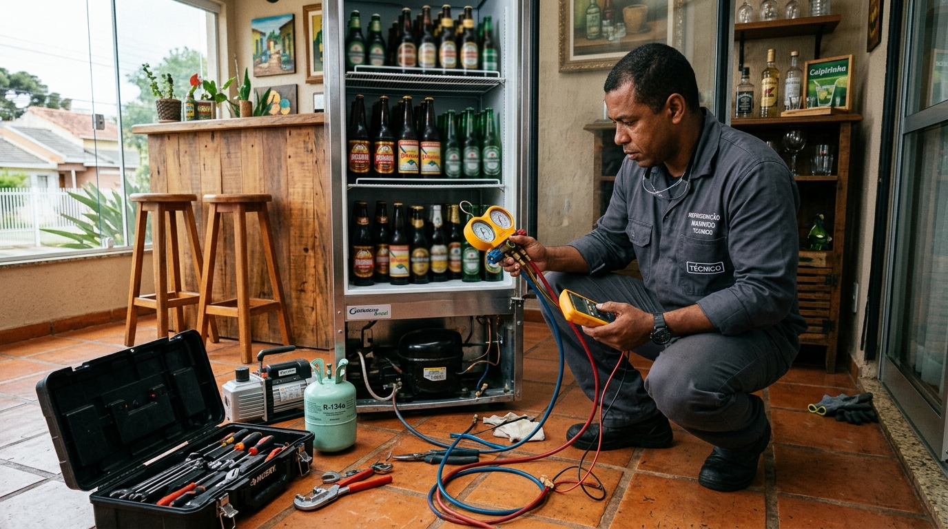 Técnico revisando o motor de uma cervejeira durante chamado em Guarapari‑ES