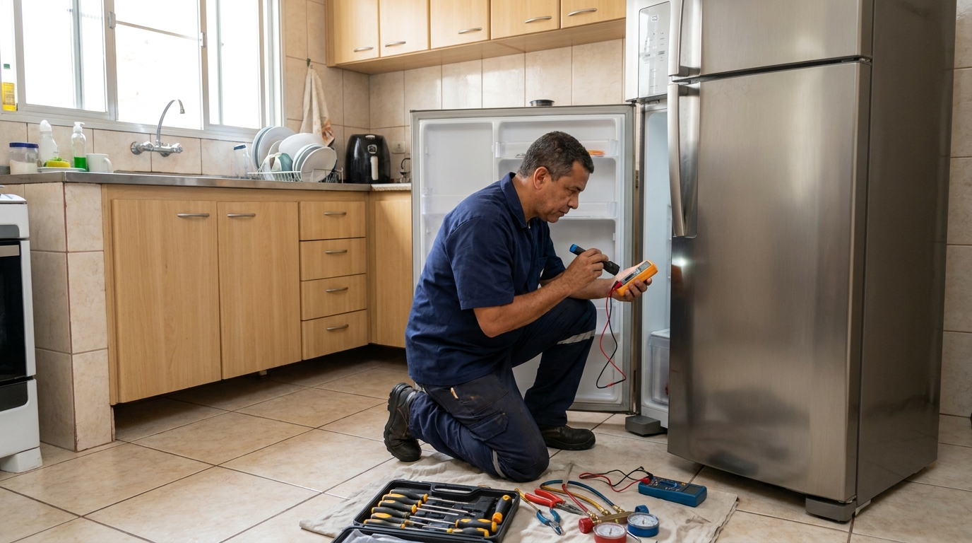 Técnico fazendo recarga de gás em geladeira de cliente nos Condados, Guarapari‑ES