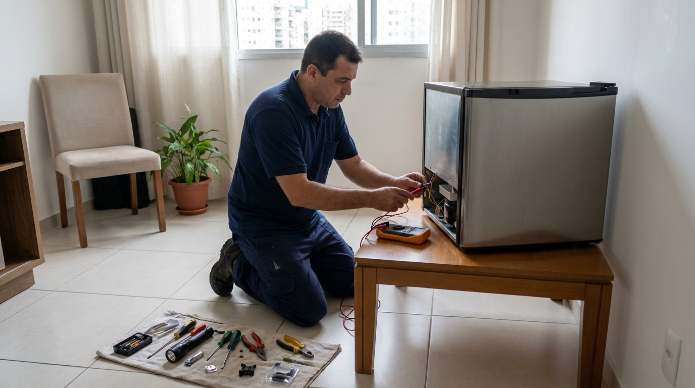 Técnico avaliando um frigobar compacto durante atendimento em Guarapari‑ES
